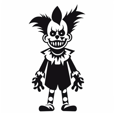 black and white silhouette of a terrifying cartoon halloween clown with sharp teeth, full body side view, clipart style, white background, thick lines, vector, simple design, flat colour, solid colour, halloweencore