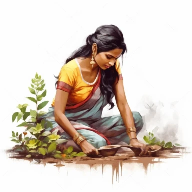 illustration clipart of Asian Indian woman gardening, hyperrealistic, white background