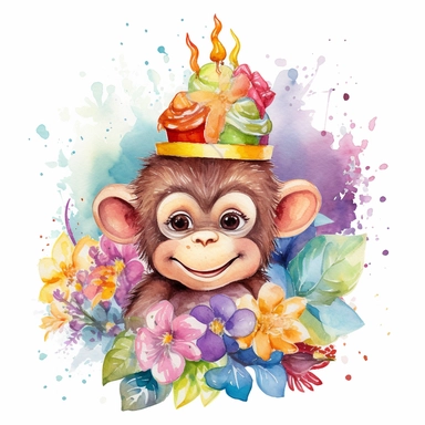 cute cartoon monkey , celebrating birthday party, rainbow colours, flowers, watercolor clipart, pure white background