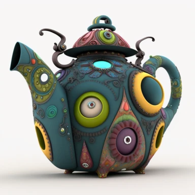3D patchwork clipart, mutant steampunk giger, stitched fabric tea pot, colorful die cut sticker, patchwork quilted mechanical teapot, 3D, HD, unreal engine, 8k, centered