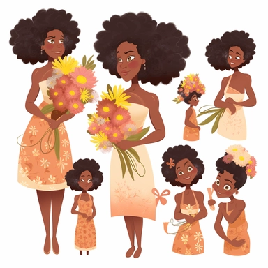 animated clipart bundle african american mother concepts, clipart bundle with beautiful flowers, beautiful faces, beautiful eyes and differential body types and skin tones, harlem Renaissance, Mother's Day White background