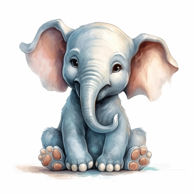 cute Elephant Clipart sitting and smiling in the style of oil painting, on a white background