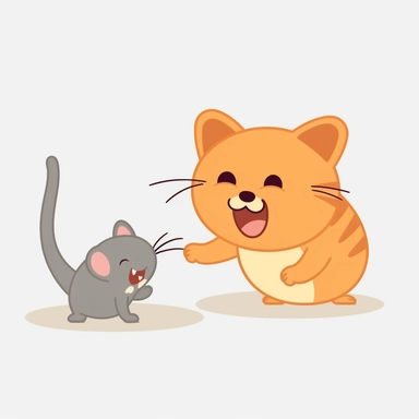 orange tabby cat catching a grey mouse, cute kawaii cartoon, clipart