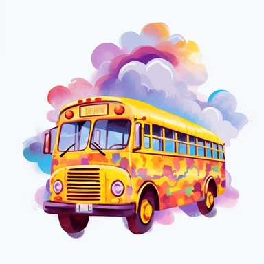 a yellow school bus with clouds, the alphabet and primary colors,png clipart, in the style of light purple and red, alexander bogen, eric carle, geometric optical illusions, dynamic and action-packed, english school, rounded, solid white background