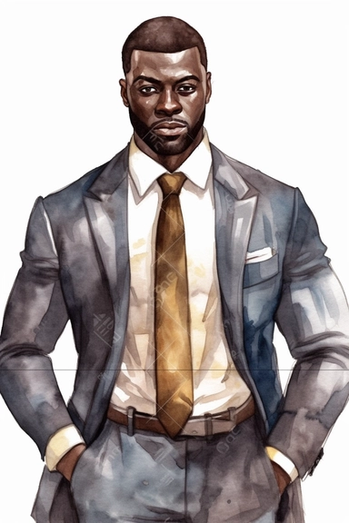 Watercolor Clipart Athletic MUSCLE Man in Suit Businessman Handsome Black Skin No Text