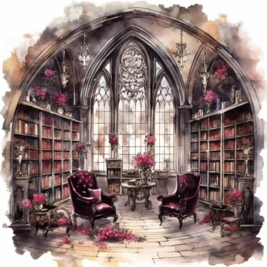 Gothic style library room with watercolor effect, suitable for digital clipart, white background, gothic scene, gothic colors, gothic tools, gothic roses,skull,dark scene