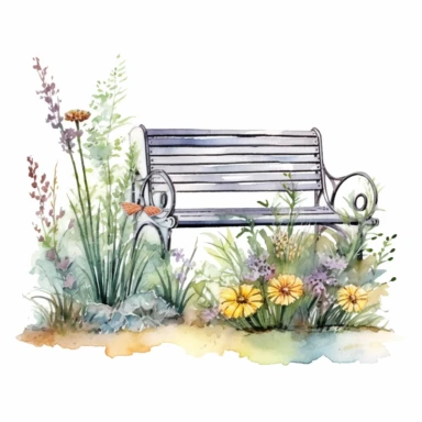clipart, isolated on white background, Watercolor Spring beautiful ornated metal bench, flowers and grass and plants, ornated, pastel colors