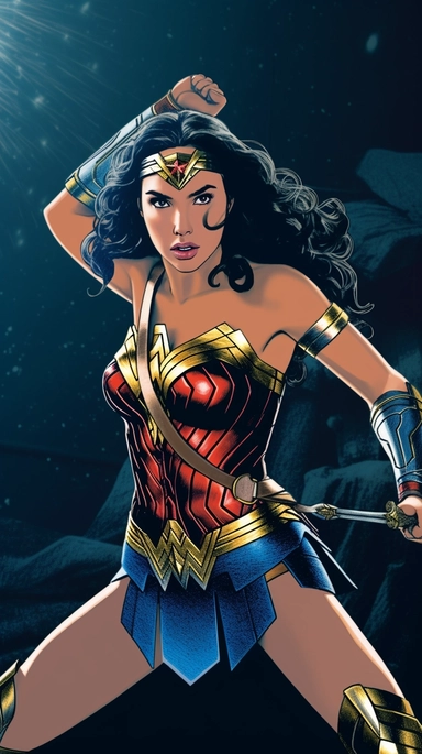 Wonder Woman holding a sword and jumping on a tank, full body, comic book style of 1984, clipart art, Jack Kirby style