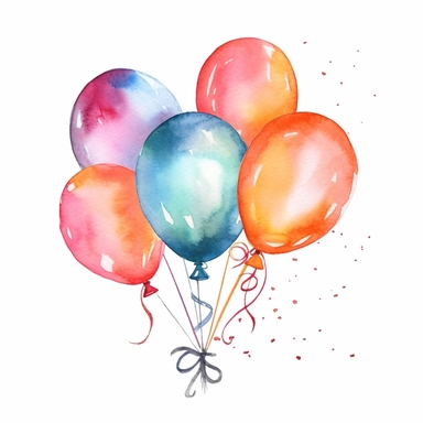 6 watercolor balloon bundles tied together with ribbons, clipart, hd, isolated, spaced out, on white background,