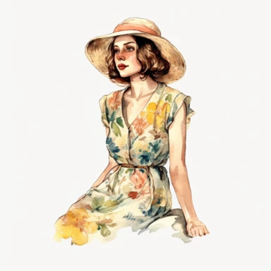vintage woman colorful illustration old fashioned summer , Hand drawn , watercolor style,clipart,no shadow,single design, print on demand image, PNG transparent ,white background for removing background - - no text shadow font watermark