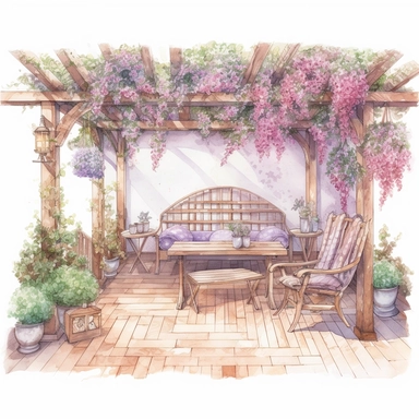 watercolor, hyper realistic, white background, white margins, 16k, ultra detailed clipart, cut out image, hand-drawn, whimsical manhwa style A charming terrace with a wooden trellis, covered in blooming vines of purple and pink flowers. A cozy seating area is set up, with soft cushions and throws in pastel hues of pink and blue.
