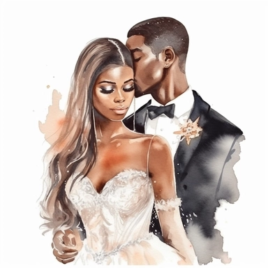 Black skin bride in a white wedding dress with diamonds and with beautiful jewelry, rich and glamour, long beautiful hair, beautiful lips and long eyelashes glamour and the groom in a tuxedo smile watercolor clipart