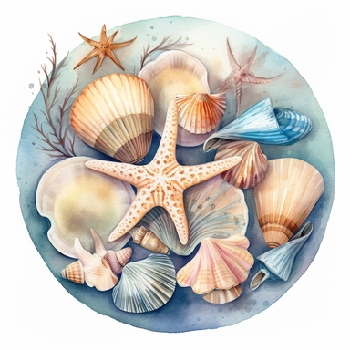 watercolor clipart of beautiful pastel shells and Starfishes within a big round tray wrapped with rustic cord ornament, vintage style