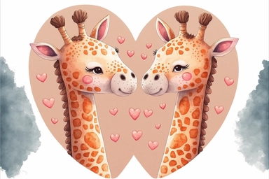 giraffe couple love valentine, Kawaii style, watercolor clipart, flat colors, ultrahigh details, high quality, almost vector style, white background, 8k,