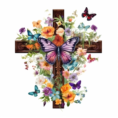 boho christian cross on flowers, with some butterflies, digital art, clipart on white background by Gucci, Balenciaga
