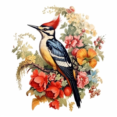 a woodpecker surrounded by flowers, 1970s book illustration, clipart, white background