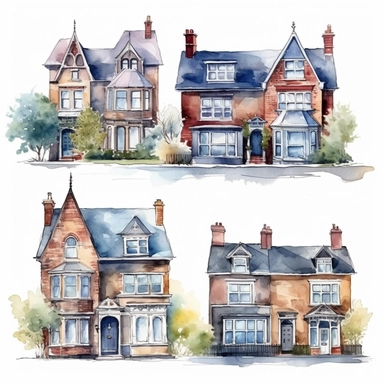 watercolor semi detached london houses , illustrations clipart set, simple, , cartoon elements ,different variants , separate elements with a margin