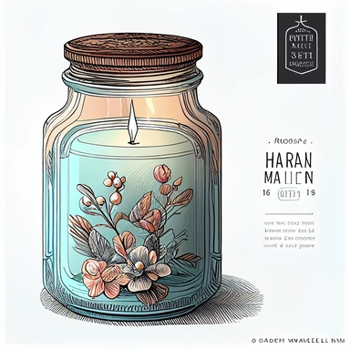 hyper realistic, white background, white margins, 16k, ultra detailed clipart, cut out image, hand-drawn A vintage-style clipart featuring a scented candle jar, exuding a warm glow and emitting a fragrant aroma.Use soft and muted colors such as cyan, brown, and rose for a vintage-inspired palette.
