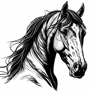 head of horse, black and white, no details, coloring book page, clean simple vector bold line graphics, only white background, bold black lines, strong outline, No fill, No solids, no words, no title, ink lines, coloring book drawing, no gray shadows, clipart, vector, all black colors, no thin lines,
