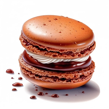 incredible detailed acrylic art chocolate macaron clipart, hyperrealism, clear picture in high resolution, highlights , white background, appetizing, clear and contrast image, reflections, very detailed drawing, menu illustration, realism, high quality, lighting like in a photo studio, advertising, hd