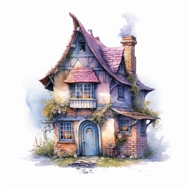 hyperrealistic high detailed pastel witches cottage, magical mystical witchy, watercolor clipart, white background