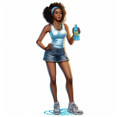 full body clipart black woman tank top and blue jean shorts big curly shiny afro with head band gold earrings hands on her hips white converse tennis shoes holding a water bottle