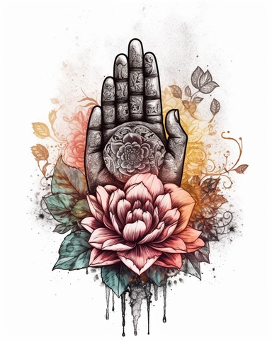 henna Buddha hand Sublimation Clipart, Retro Flower, highly detailed, white background 8k