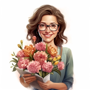 ultra detailed female teacher 30-40 years with brown hair having a bunch of flowers, watercolor, clipart, solid white background