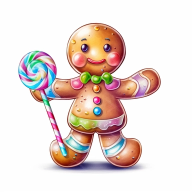 Gingerbread Man hold Candy style by Lucy Fleming, watercolor, smooth gradients, black contour outline, ultra detailed, clipart elements, delicate pastel colors, solid white background, super clear, high quality
