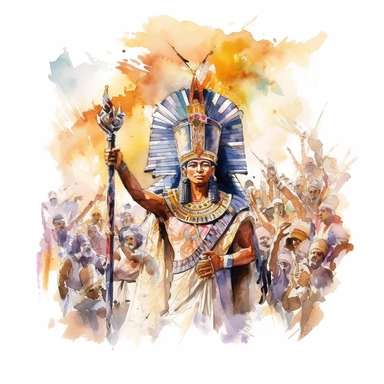 A vivid watercolor of a Pharaoh being crowned in an elaborate ceremony, The Pharaoh should wear an elaborate headdress and hold a scepter. Show the crowd's anticipation and joy, high quality, clipart, watercolor, white background