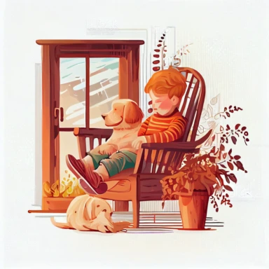 boy and his dog lounging together in the armchair on the porch of the cottage, clipart, cartoon children style, sharp graphic vector art illustration, warm colors, very high details, 8k, white background