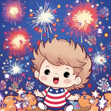 Super cute, American flag with happy toddler army Sublimation Clipart, Cartoon funny, Cute anime, Very detailed, firework background