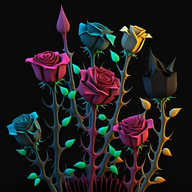 a very thorny dozen roses clipart in slyle of cute goth clay cartoon, sharp 3d art illustration, warm multicolor bioluminescent, simple, black background, 8k
