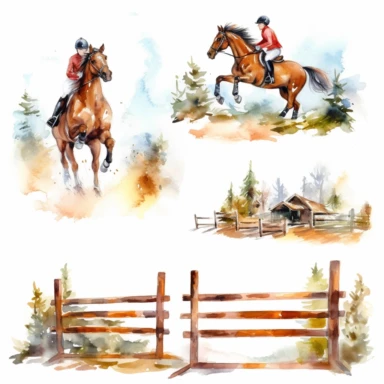 Watercolor horse riding , horse jumping over fence, illustrations clipart set, simple, vibrant colors , cartoon elements, different variants , separate elements with a margin