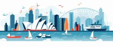 A creative representation of Sydney Harbour, Australia, using the simplicity of clipart mixed with minimalist abstract design. The iconic Opera House is illustrated as a collection of curved shapes, while the Harbour Bridge is formed by an arch with linear lines denoting its structure. Small clipart boats float in the harbour. The colors are a mixture of blues for the water and sky, white for the Opera House, and dark grey for the bridge.