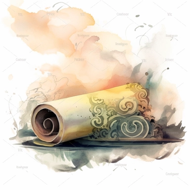 an ancient scroll of wisdom surrounded by a fantasy mist watercolor clipart