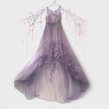 panoramic view, full view, beautiful flowing party dress in the color purple on ornate hanger, elegant, ethereal, romantic, fantasy, high detail, shabby chic, sharp focus, 8k, illustration sketch, clipart style, transparent background (--iw 10)