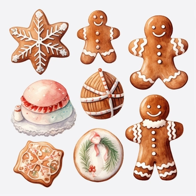 watercolor christmas cookies, watercolor christmas ginger bread, watercolor christmas gingerbread, white icing, watercolor clip art, white background, highly detailed, 8k, clip art
