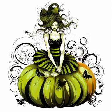 Halloween fairy, clipart, neon green , black white stripes, pumpkin, isolated on white background, in the style of Amy Brown, beautiful fall floral, bright color, crisp lines, chaos 8