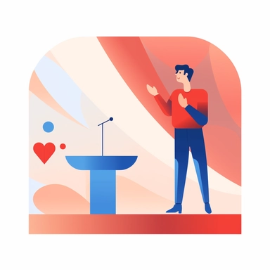vector design, man speaking from the stage, flat modern illustration, clipart, very simple picture, white background, soft gradient transition, in the style of warm color palette, natural pastel colors, red dark yellow and blue colors, object portraiture specialist, uniformly staged images, animated illustrations