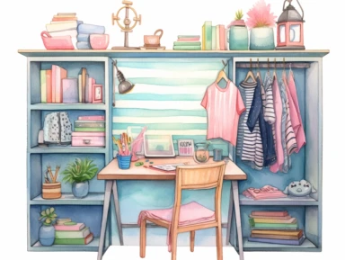 watercolor desk with lamp, book shelves, wardrobe, clothes hanger, clip art,planner elements, stickers a colorful clipping file featuring rhinestones, and accessories, in the style of hand-drawn, hallyu, pastel-hued, logo, sea and coast painter, maranao art, seapunk