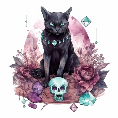 hand drawn black cat, sitting with front paw resting on a skull, flowers and crystals, shades of burgundy purple and teal, romantic and edgy, very detailed and realistic, watercolor, clipart style
