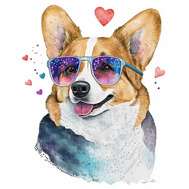 A cartoonish watercolor clipart portrait of a corgi wearing heart-shaped sunglasses, with a white background. The corgi has a playful and romantic expression, with its tongue out or a kissy face. The clipart has a cute and charming style, with a lot of glitter and sparkles on the glasses