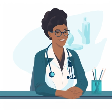 vector design, image of a the doctor woman without glasses smiling, sitting at the table, stethoscope around the neck, medical instruments, writes, flat modern illustration, clipart, white background, soft gradient transition, in the style of warm color palette, natural pastel colors, in dark blue and turquoise colors, object portraiture specialist, uniformly staged images, animated illustrations