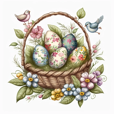 funny drawn sketch easter eggs with romanian traditional pattern in a a basket with flowers on white background, artistic painting, easter spring scene, add some spring leaves, add some flowers,add some birds, spring vivid pastel colors, watercolor, clipart, 2d, sketch style, no text, no logo