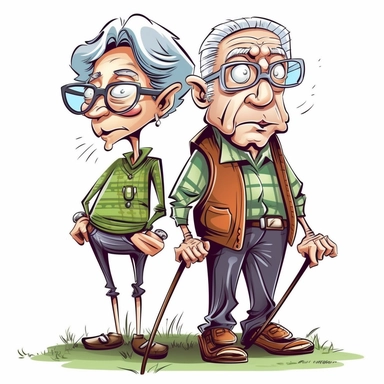 wacky, funny cartoon of an old man and lady playing golf. Clipart, cartoon, vector graphic.