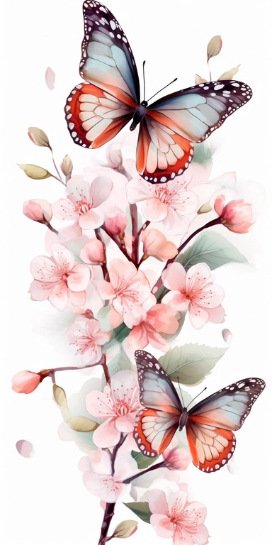 clipart Watercolor art of a cherry blossom branches, and butterflies, with soft pastel hues, illustration in the style of Ayami Kojima and J.C. Leyendecker, pixiv, high quality, highly detailed,on white background,fit image on paper, align center and middle, iw 0.75