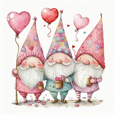 Watercolor happy 3 pink gnomes valentine theme with pink heart balloons, Clipart, Colorful, Retro, highly detailed on white background