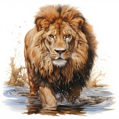 hyperrealistic ultra detailed watercolor clipart, lion in water, isolated on white background, in the style of digital print, clipart, illustration, sticker, ultra high definition, rich details, 32K, HD