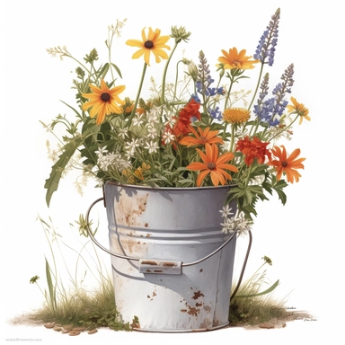 258896 watercolor for a clipart with a white background of wildflowers growing in a rusty metal bucket, hyperrealism, painted by Bo Bartlett